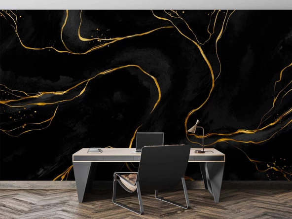 Siyah Zemin ve Altın Hat Mermer Temalı Duvar Kağıdı - Resim 4