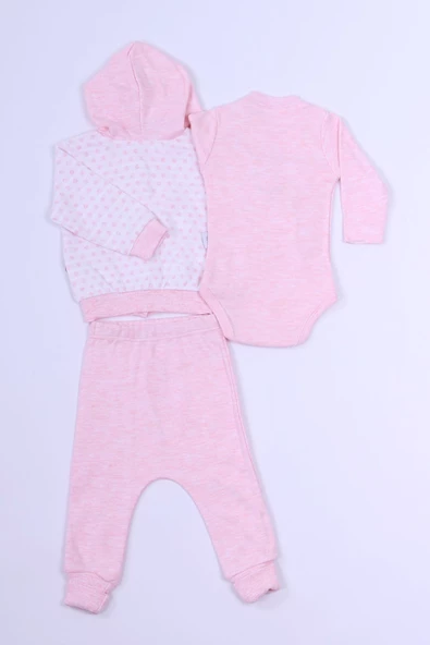 KIZ BEBEK  3`LÜ ZIBINLI TAKIM KAPŞONLU BASKILI B85 - Resim 3