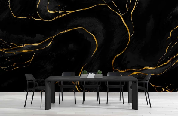 Siyah Zemin ve Altın Hat Mermer Temalı Duvar Kağıdı - Resim 5