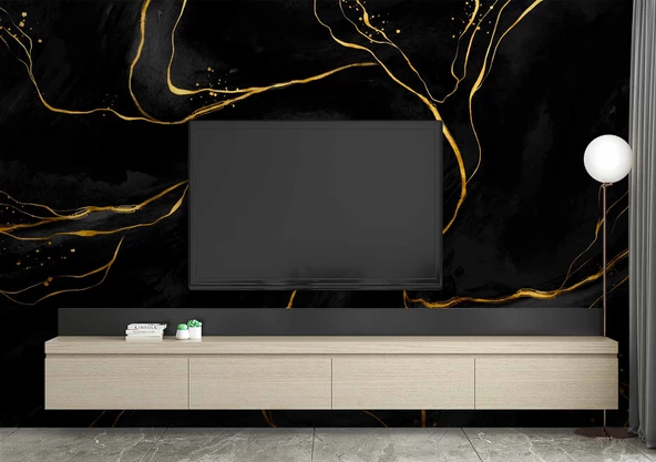 Siyah Zemin ve Altın Hat Mermer Temalı Duvar Kağıdı - Resim 3