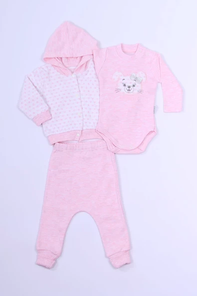 KIZ BEBEK  3`LÜ ZIBINLI TAKIM KAPŞONLU BASKILI B85 - Resim 2