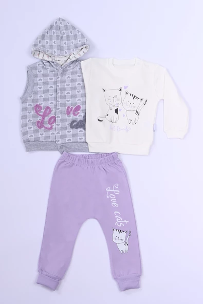 KIZ ÇOCUK 3`LÜ TAKIM KALP BASKILI KAPŞONLU YELEKLİ C1 - Resim 5