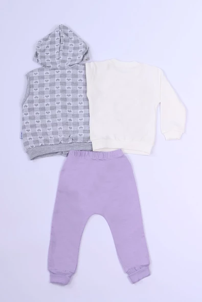 KIZ ÇOCUK 3`LÜ TAKIM KALP BASKILI KAPŞONLU YELEKLİ C1 - Resim 6