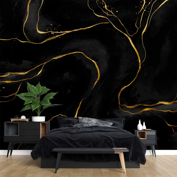 Siyah Zemin ve Altın Hat Mermer Temalı Duvar Kağıdı - Resim 2