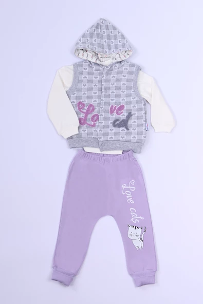 KIZ ÇOCUK 3`LÜ TAKIM KALP BASKILI KAPŞONLU YELEKLİ C1 - Resim 4