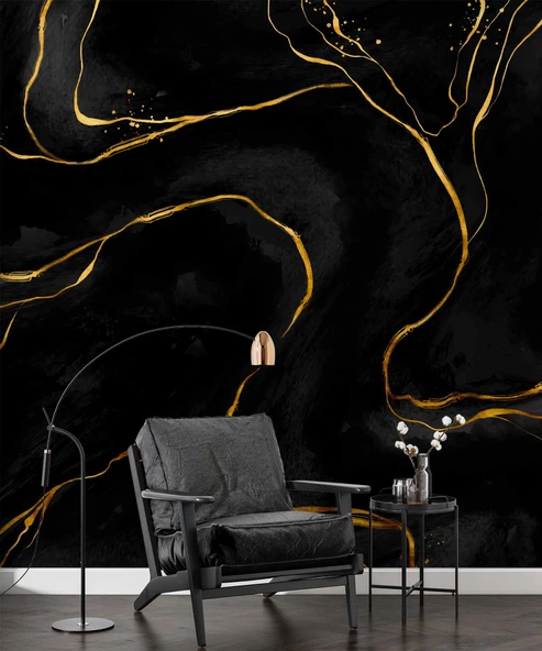 Siyah Zemin ve Altın Hat Mermer Temalı Duvar Kağıdı - Resim 6