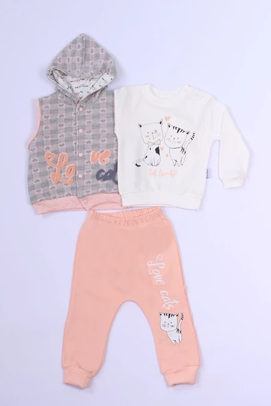 KIZ ÇOCUK 3`LÜ TAKIM KALP BASKILI KAPŞONLU YELEKLİ C1 - Resim 2