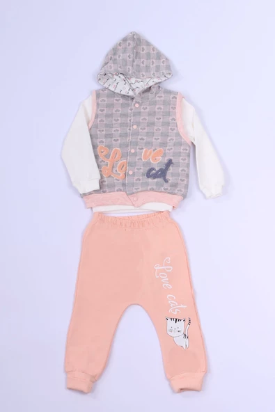 KIZ ÇOCUK 3`LÜ TAKIM KALP BASKILI KAPŞONLU YELEKLİ C1 ürün görseli