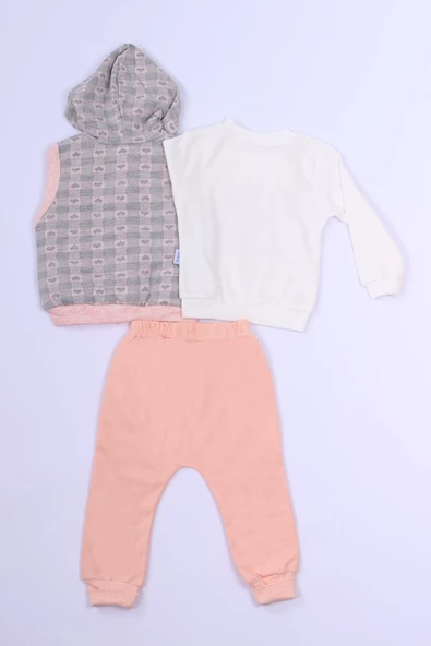 KIZ ÇOCUK 3`LÜ TAKIM KALP BASKILI KAPŞONLU YELEKLİ C1 - Resim 3