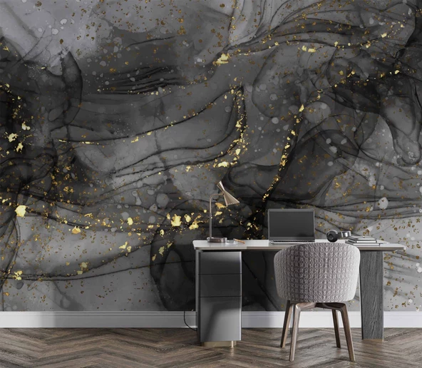 Siyah Zemin ve Altın Damlacıklı Mermer Temalı Duvar Kağıdı - Resim 4