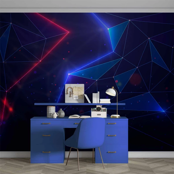 3 Boyutlu Gamer Kırmız ve Mavi Neon Temalı Duvar Kağıdı - Resim 4