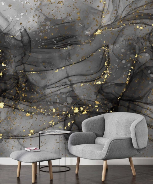 Siyah Zemin ve Altın Damlacıklı Mermer Temalı Duvar Kağıdı - Resim 6