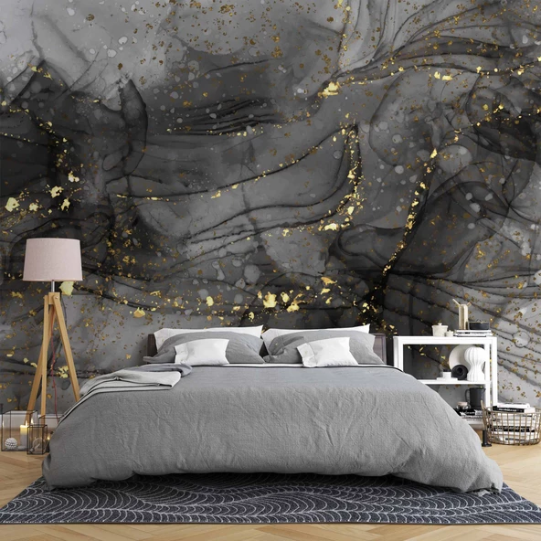 Siyah Zemin ve Altın Damlacıklı Mermer Temalı Duvar Kağıdı - Resim 2
