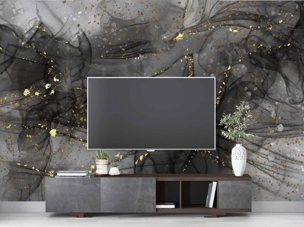 Siyah Zemin ve Altın Damlacıklı Mermer Temalı Duvar Kağıdı - Resim 3