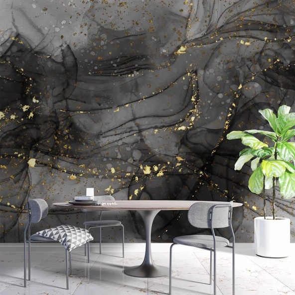 Siyah Zemin ve Altın Damlacıklı Mermer Temalı Duvar Kağıdı - Resim 5