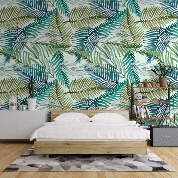 Pastel Yeşil Yaprak Temalı Duvar Kağıdı - Resim 2