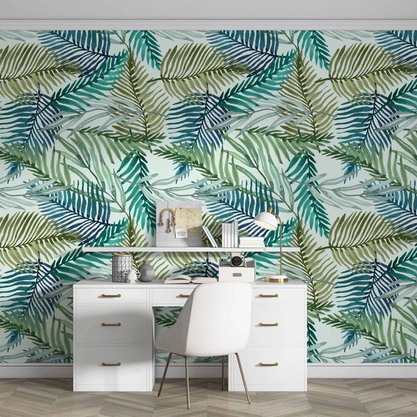 Pastel Yeşil Yaprak Temalı Duvar Kağıdı - Resim 4