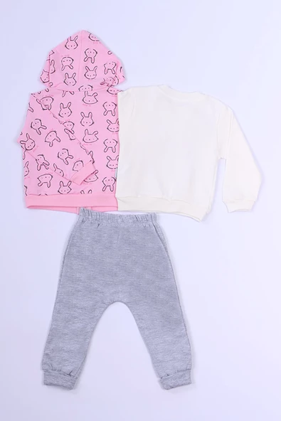 KIZ ÇOCUK 3`LÜ TAKIMI TAVŞAN BASKILI KAPŞONLU C3 - Resim 3