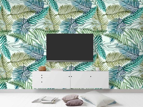 Pastel Yeşil Yaprak Temalı Duvar Kağıdı - Resim 3