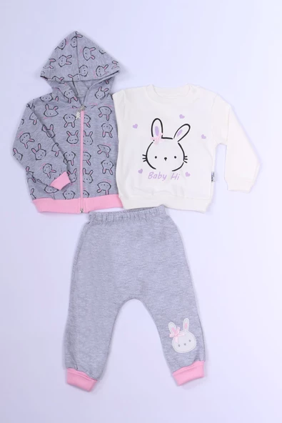 KIZ ÇOCUK 3`LÜ TAKIMI TAVŞAN BASKILI KAPŞONLU C3 - Resim 5