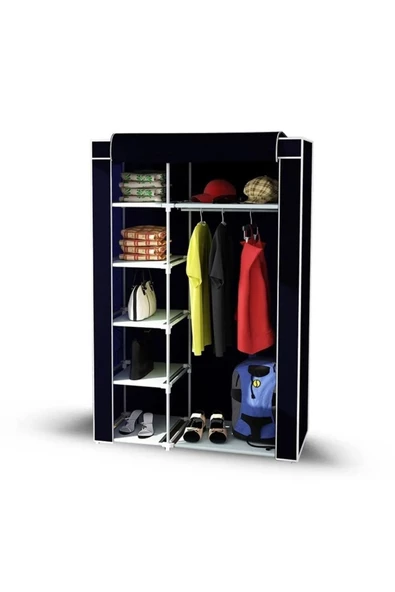 Dzgn Home Tek Yandan Raflı Metal Profilli Kumaş Bez Dolap Gardırop -Siyah - 3