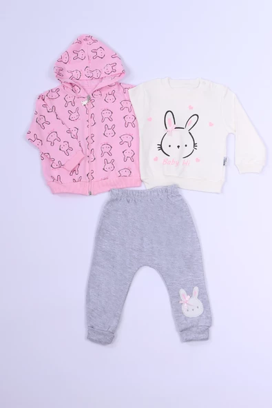 KIZ ÇOCUK 3`LÜ TAKIMI TAVŞAN BASKILI KAPŞONLU C3 - Resim 2