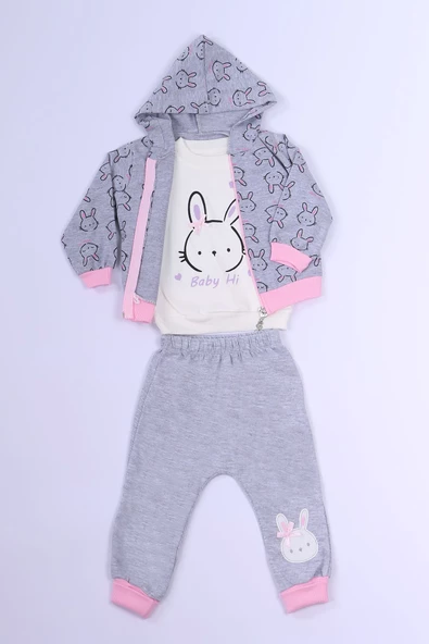 KIZ ÇOCUK 3`LÜ TAKIMI TAVŞAN BASKILI KAPŞONLU C3 - Resim 4