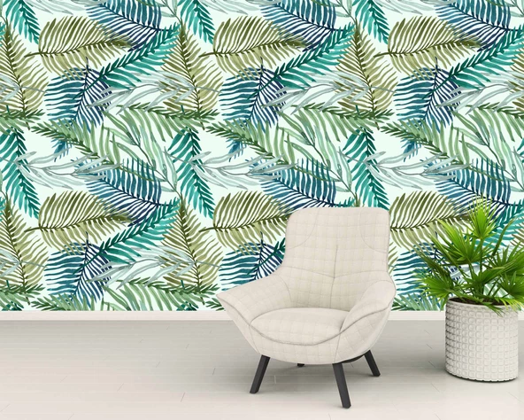 Pastel Yeşil Yaprak Temalı Duvar Kağıdı - Resim 6