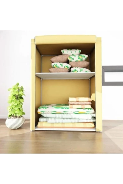 Dzgn Home Çelik Metal Borulu Yorgan Hurcu Bez Dolap Bez Yüklük Portatif Saklama Dolabı Gardırop-Bej - 3