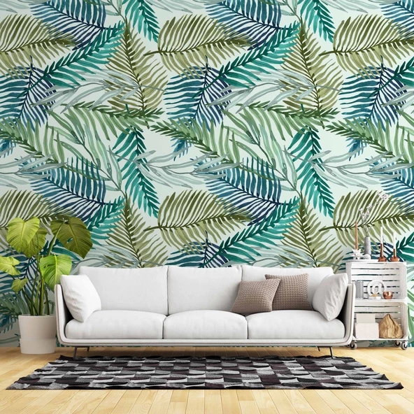 Pastel Yeşil Yaprak Temalı Duvar Kağıdı ürün görseli