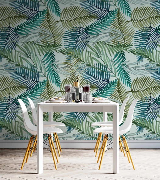 Pastel Yeşil Yaprak Temalı Duvar Kağıdı - Resim 5