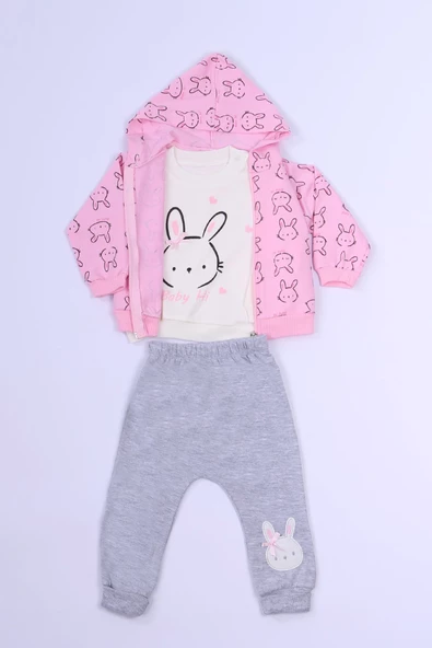 KIZ ÇOCUK 3`LÜ TAKIMI TAVŞAN BASKILI KAPŞONLU C3 ürün görseli