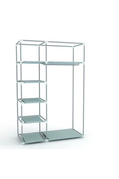 Dzgn Home Tek Yandan Raflı Plastik PVC Profilli Kumaş Bez Dolap Gardırop -Gri - Resim 2