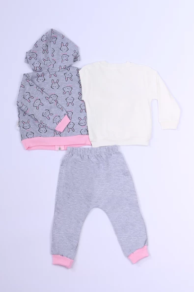 KIZ ÇOCUK 3`LÜ TAKIMI TAVŞAN BASKILI KAPŞONLU C3 - Resim 6