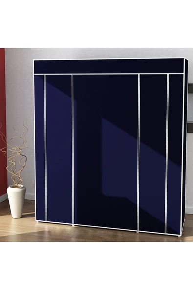 Dzgn Home Çift Yandan Raflı Askılı Metal Profilli Kumaş Bez Dolap, Geniş Portatif Gardırop-Lacivert - 2