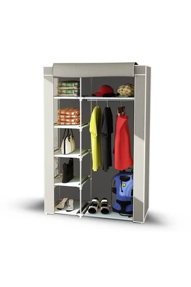 Dzgn Home Tek Yandan Raflı Plastik PVC Profilli Kumaş Bez Dolap Gardırop -Gri - Resim 3