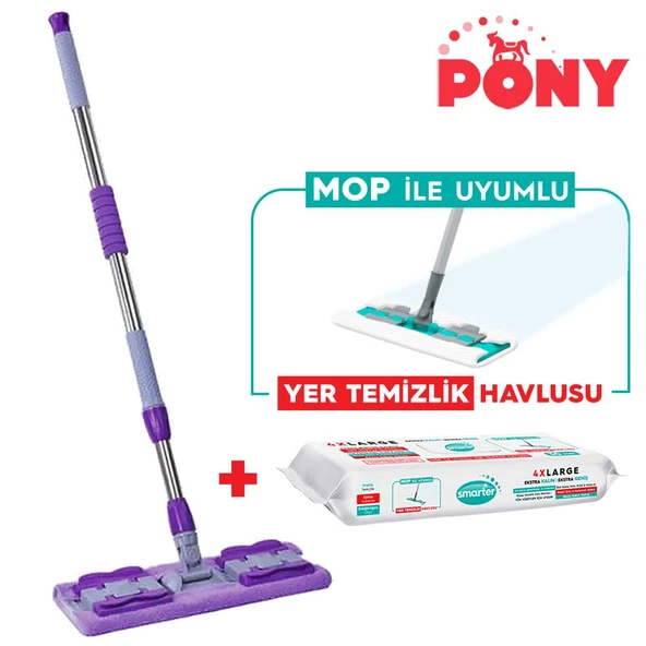 Pony Mandallı Mop + Yer Temizlik Havlusu Hediyeli Microfiber Yüzey Set Paspas Duvar Cam Kıskaçlı Klipsli