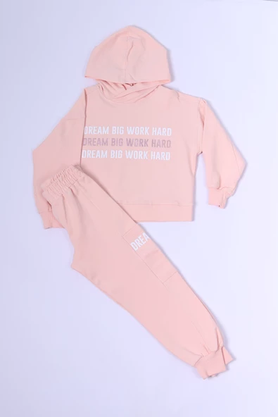 KIZ ÇOCUK KAPŞONLU EŞOFMAN TAKIMI BASKILI RİBANALI C38 - Resim 2