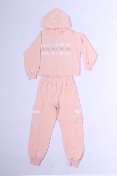 KIZ ÇOCUK KAPŞONLU EŞOFMAN TAKIMI BASKILI RİBANALI C38 ürün görseli