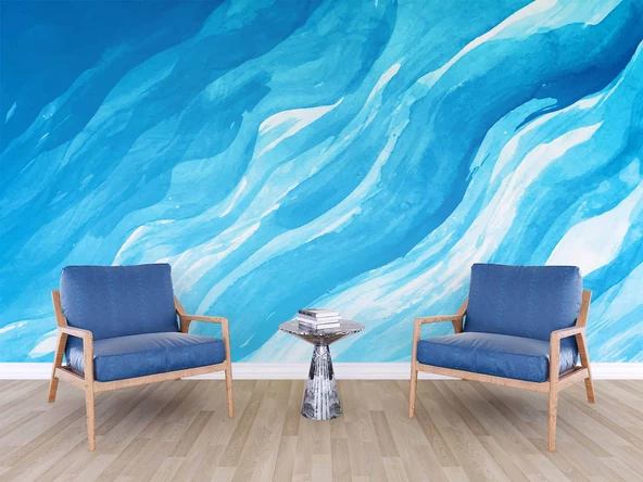Mavi Dalgalı Boya Temalı Duvar Kağıdı - Resim 6