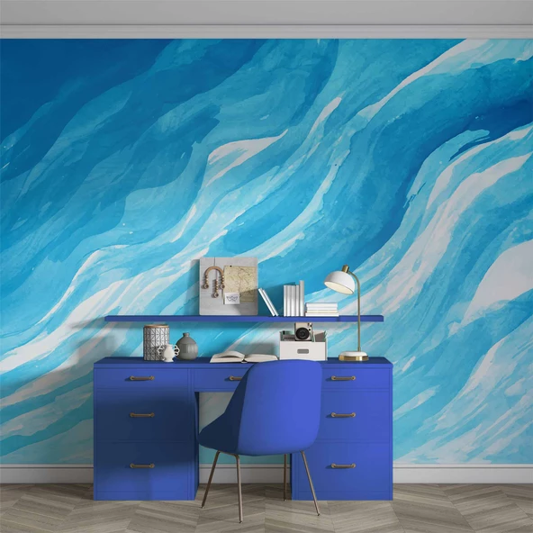 Mavi Dalgalı Boya Temalı Duvar Kağıdı - Resim 4