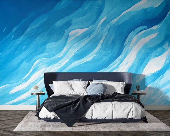 Mavi Dalgalı Boya Temalı Duvar Kağıdı - Resim 2