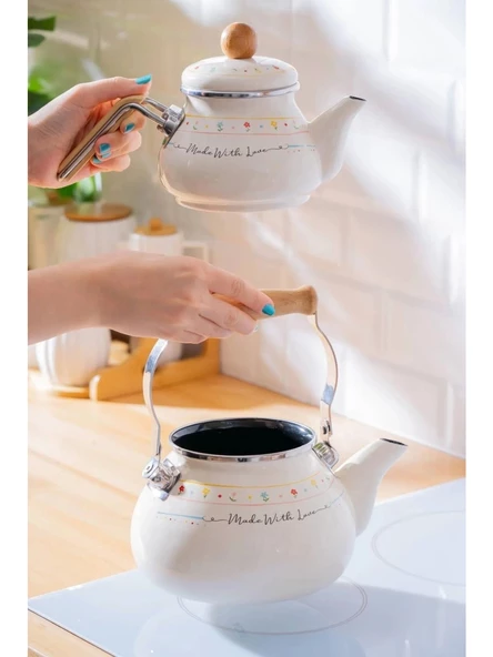 Acar XAP7709 Çiçek ve Yazı Desenli Emaye Beyaz Çaydanlık 1/2 Lt - Resim 5