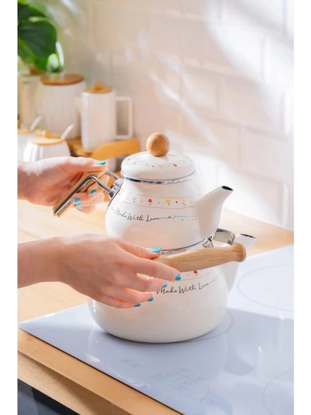 Acar XAP7709 Çiçek ve Yazı Desenli Emaye Beyaz Çaydanlık 1/2 Lt - Resim 2