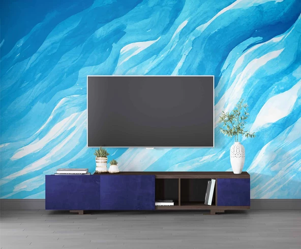 Mavi Dalgalı Boya Temalı Duvar Kağıdı - Resim 3