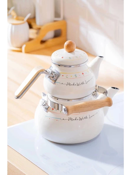 Acar XAP7709 Çiçek ve Yazı Desenli Emaye Beyaz Çaydanlık 1/2 Lt ürün görseli 1