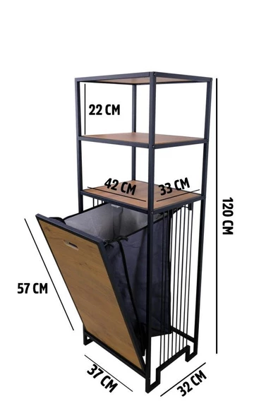 Digitho Metal Kirli Sepetli 3 Raflı Çok Amaçlı Banyo Düzenleyici Raf Organizer Siyah/Atlantik Çam – MRS-008 C1-1-369 - 5