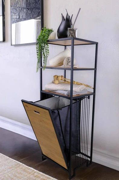 Digitho Metal Kirli Sepetli 3 Raflı Çok Amaçlı Banyo Düzenleyici Raf Organizer Siyah/Atlantik Çam – MRS-008 C1-1-369