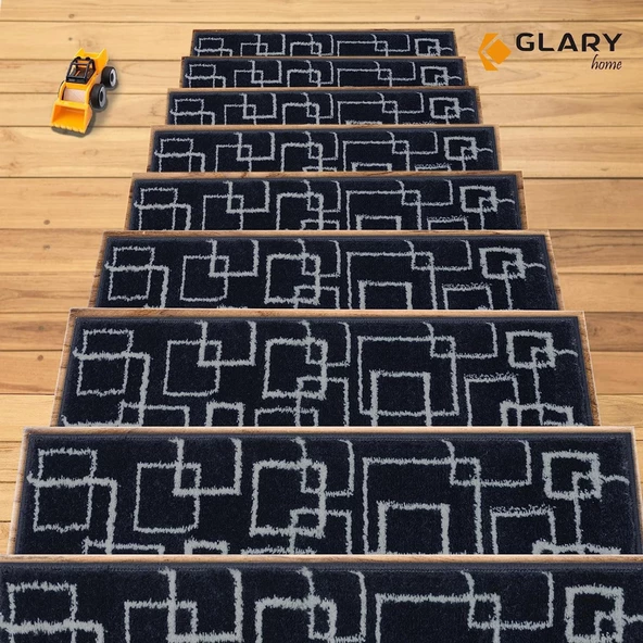 Glary Home GH40A-GRYB-GRY3 Kare Desenli Kaydırmaz Tabanlı 3'lü Merdiven Halısı - Gri/Siyah - 7