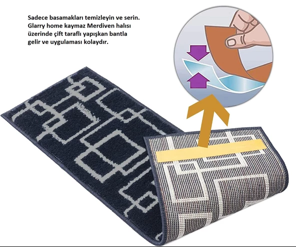 Glary Home GH40A-GRYB-GRY3 Kare Desenli Kaydırmaz Tabanlı 3'lü Merdiven Halısı - Gri/Siyah - 8